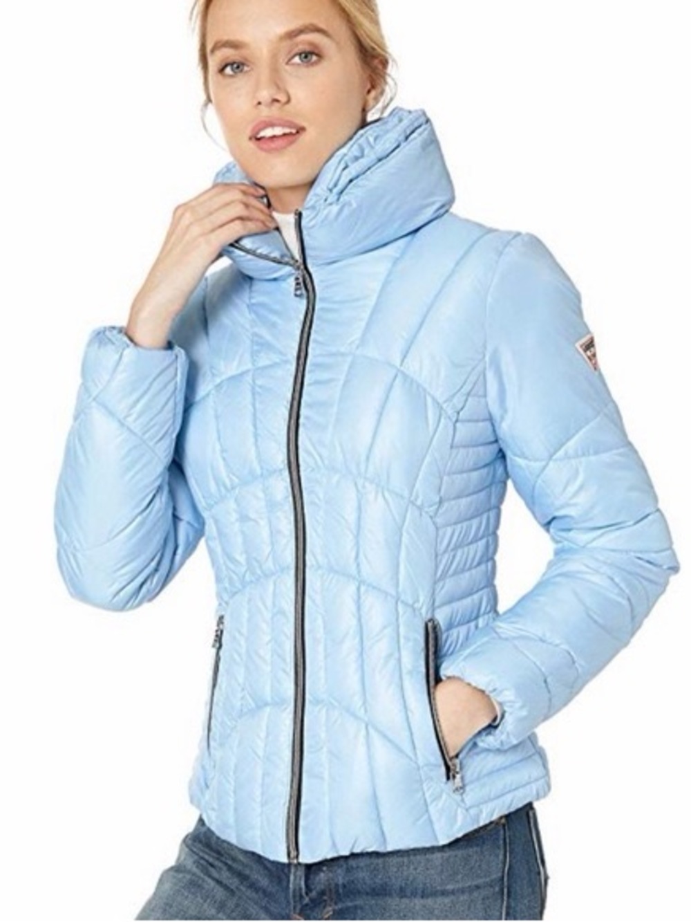 Guess Light Blue Quilted Puffer Jacket